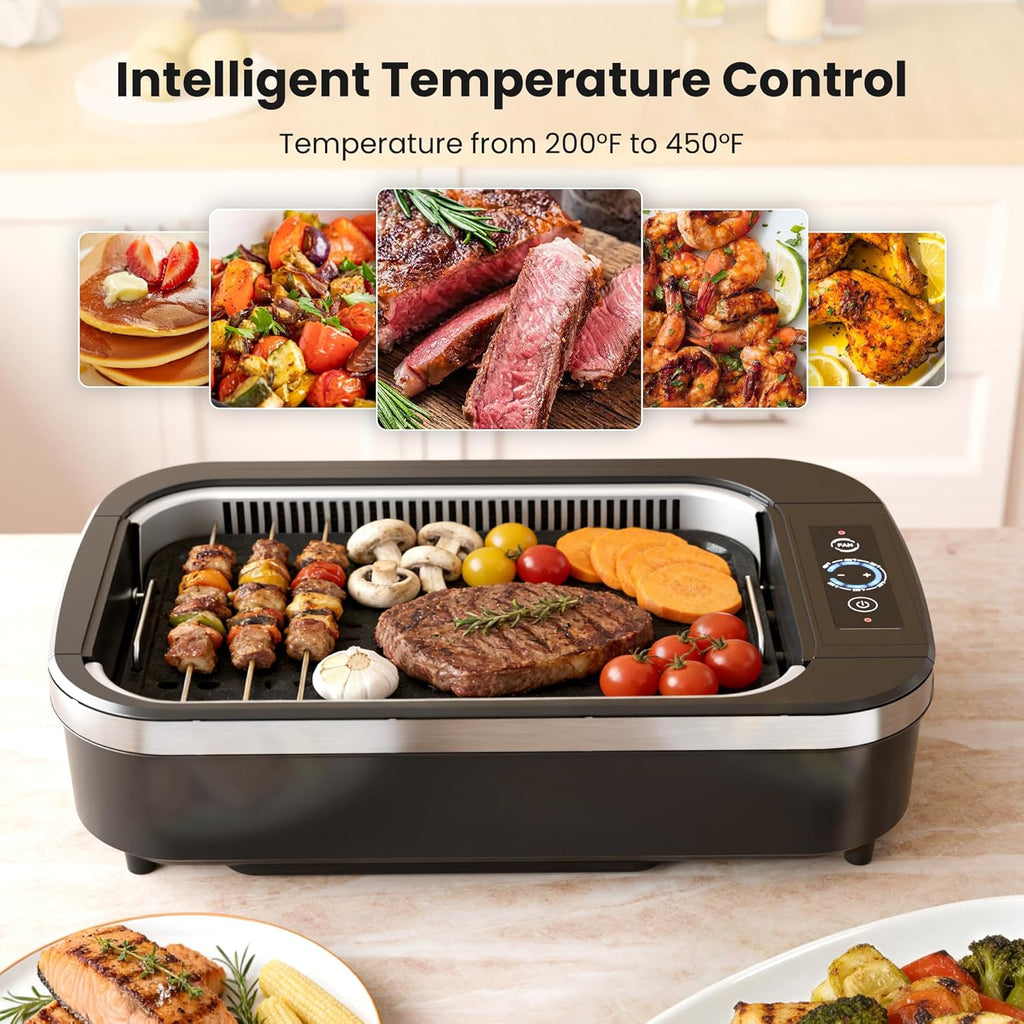 Kismile Smokeless Indoor Grill, 1500W Electric Indoor Grill for Korean BBQ with 6-Level Temp Control, Removable Glass Lid, Non-Stick Grill Plate, Turbo Smoke Extractor, Auto Shut Off & Dishwasher Safe