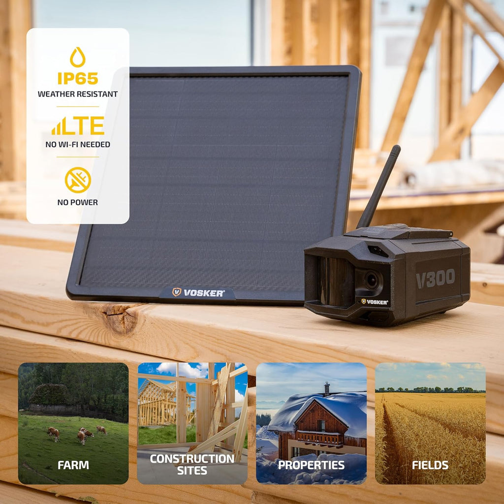 Vosker V300 Ultimate Construction Pack Outdoor Security Camera with External Solar Panel for Remote Construction Sites 4G LTE Black Single Unit with Battery