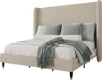 Jocisland King Upholstered Platform Bed Frame with 51.2" Tall Wingback Headboard–Solid Wood Legs, No Box Spring Needed, Brown Linen–Modern Style for Any Bedroom
