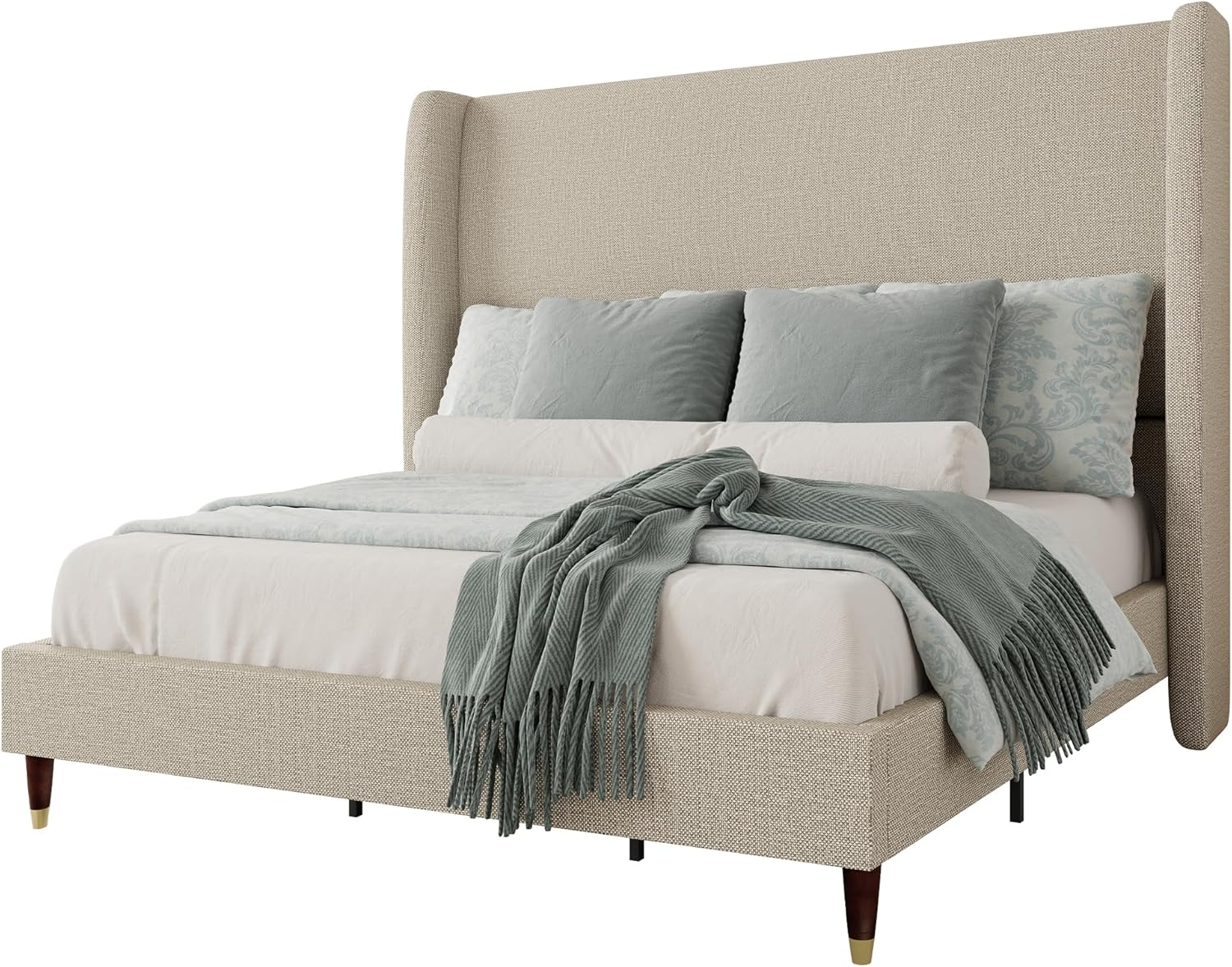 Jocisland King Upholstered Platform Bed Frame with 51.2" Tall Wingback Headboard–Solid Wood Legs, No Box Spring Needed, Brown Linen–Modern Style for Any Bedroom