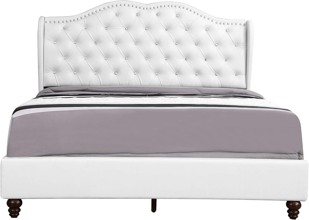GDFStudio PU Upholstered Bed Frame with Padded Wingback Headboard, Transitional Platform Design, Box Spring Required, Easy Assembly, Full Size Bed for Modern and Classic Bedrooms,50" H White