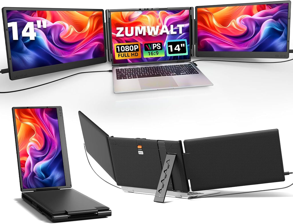 ZUMWALT Laptop Screen Extender  14" Triple Portable Monitor for Laptop  1080P FHD Screen Extender Monitors for 13"-16.5"  Monitor Extender for MacOS/Windows/Chrome (Built-in Speakers)