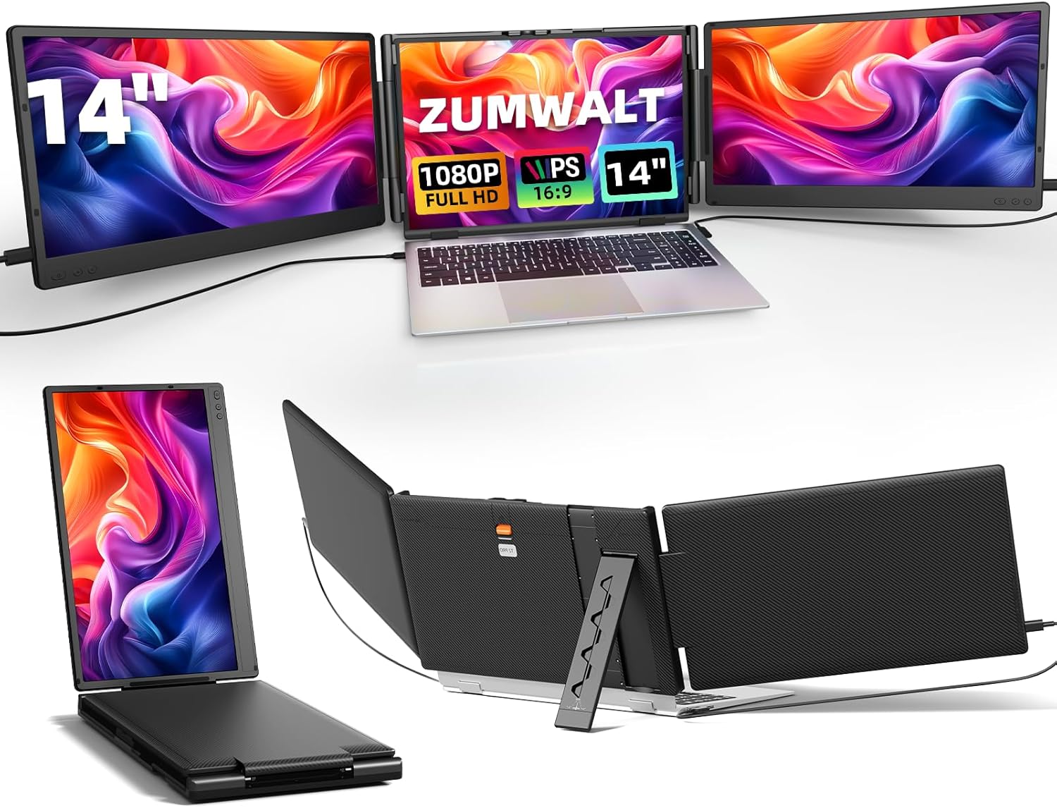 ZUMWALT Laptop Screen Extender  14" Triple Portable Monitor for Laptop  1080P FHD Screen Extender Monitors for 13"-16.5"  Monitor Extender for MacOS/Windows/Chrome (Built-in Speakers)