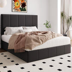 Allewie Queen Size Velvet Lift Up Storage Bed Frame, Vertical Channel Tufted Headboard, Hydrualic Underneath Storage, Upholstered Platform Bed, Wooden Slats Support, No Box Spring Needed, Black