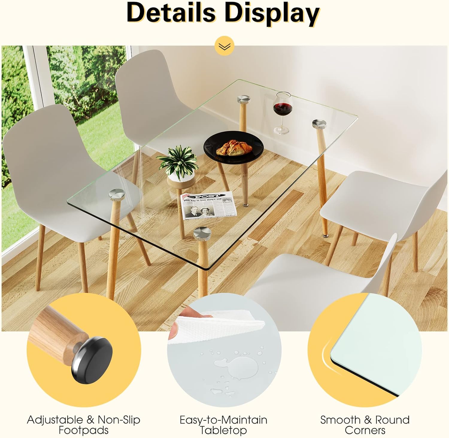 COSTWAY 51 Inch Glass Dining Table, Modern Rectangle Kitchen Table w/Wood-Like Steel Legs & Spacious Tabletop, Dining Room Table for Home, Office, Study