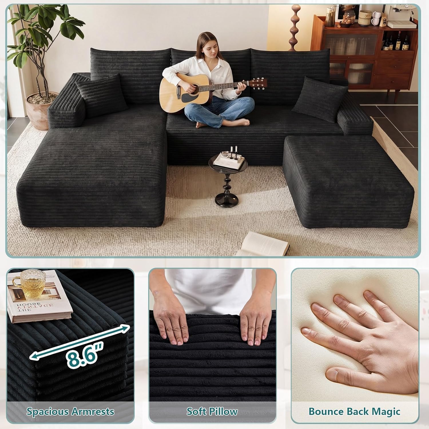 95" U-Shape Cloud Couch, Modern Modular Sectional L-Shape Sofa with Ottoman, Corduroy Upholstered Couches Deep Seat Sleeper Chaise Longue for Living Room, No Assembly Required(Black, Left Facing)