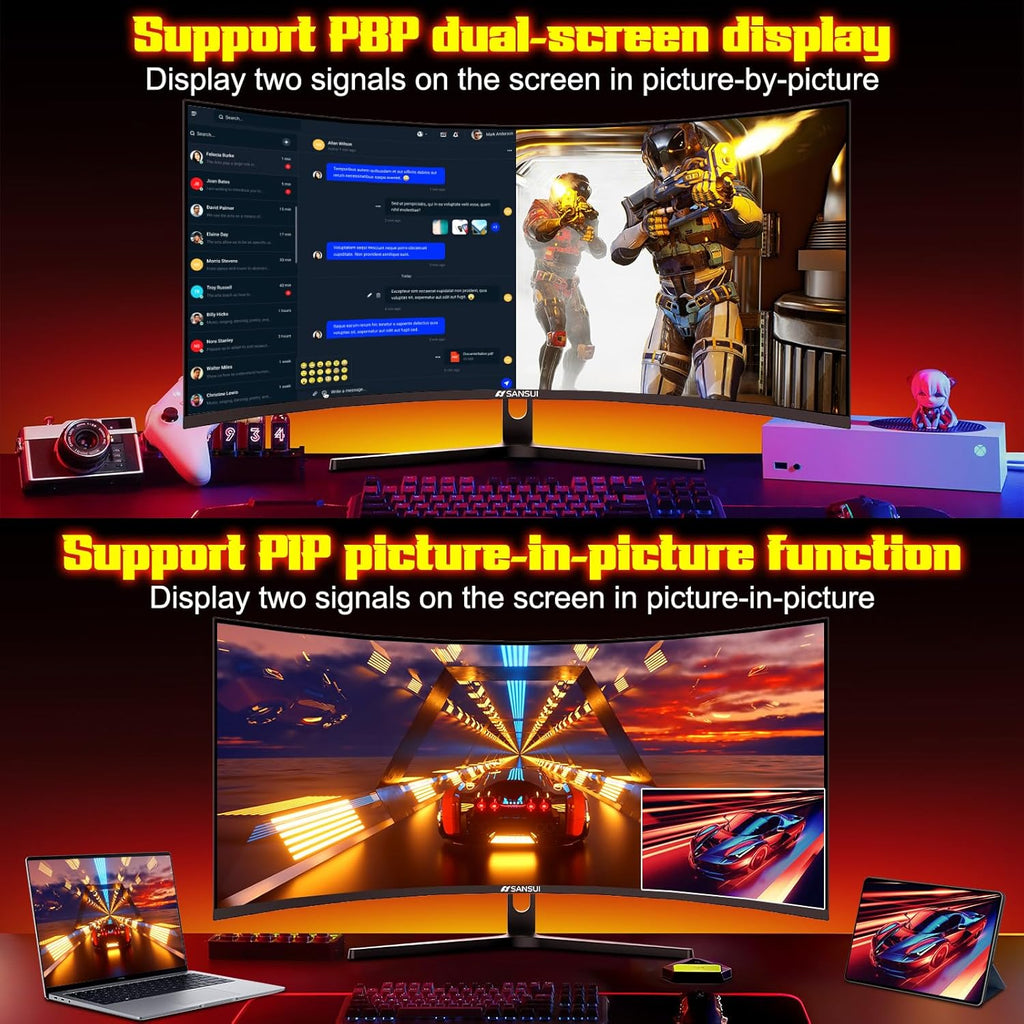 SANSUI 34 Inch 240Hz Ultrawide Curved Gaming Monitor UWQHD 3440×1440  21:9 2K Curved Monitor 1500R HDR400 Fast VA  PIP/PBP AI Crosshair AIPQ(Visual Enhance) MPRT 1ms HDMI2.1*2 DP1.4*2(DP Cable Incl.)
