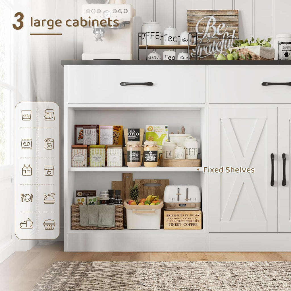 HOSTACK 71" Large Sideboard Buffet Cabinet with Storage, Farmhouse Coffee Bar Cabinet with 3 Drawers, Long Kitchen Buffet Table, Kitchen Sideboard Storage Cabinet for Dining, Living Room, White/Black