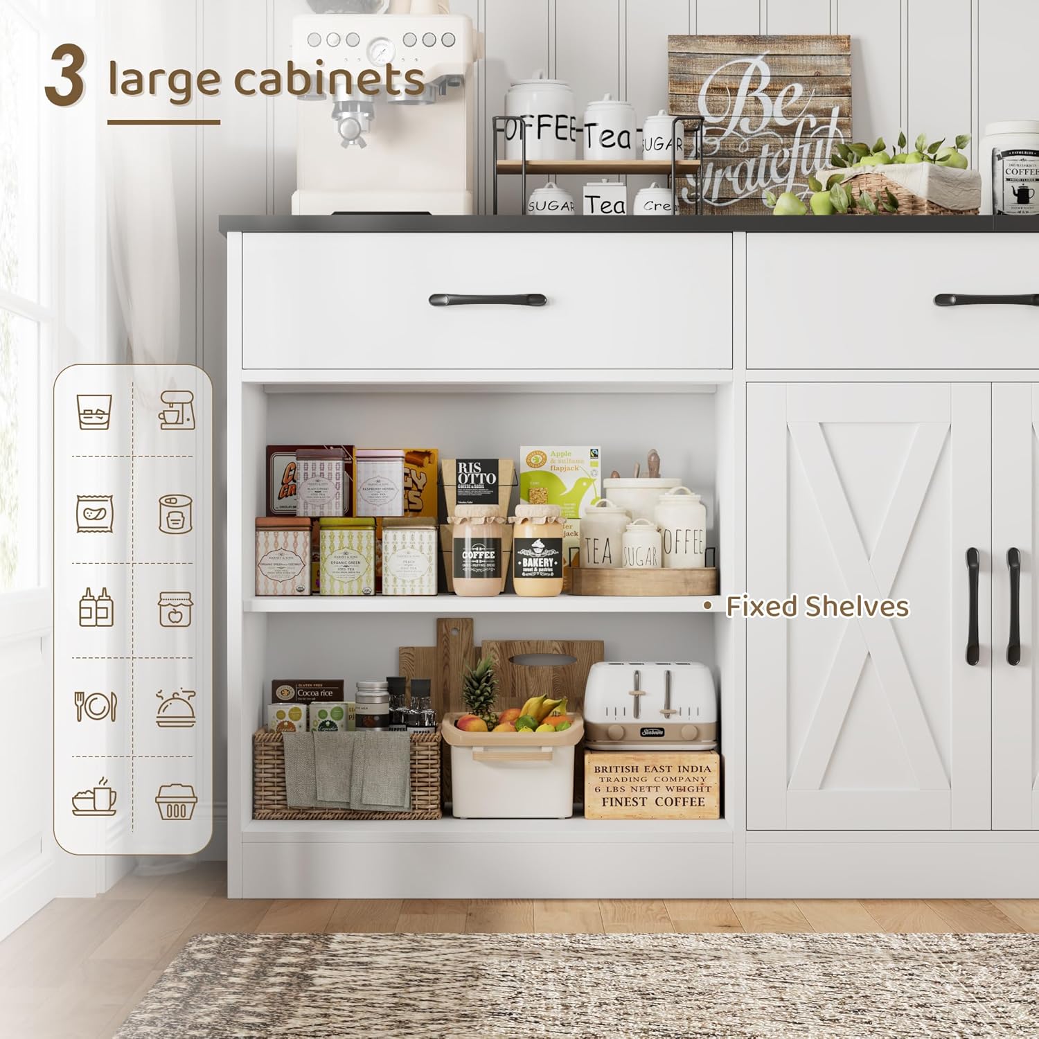 HOSTACK 71" Large Sideboard Buffet Cabinet with Storage, Farmhouse Coffee Bar Cabinet with 3 Drawers, Long Kitchen Buffet Table, Kitchen Sideboard Storage Cabinet for Dining, Living Room, White/Black