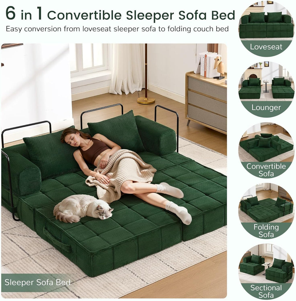 6-in-1 Convertible Sleeper Sofa Bed, Corduroy Folding Mattress Couch with Fixed-Shape Frame, Modular Foldable Boneless Couch, Loveseat Couches with 2 Pillows, for Living Room, Bedroom, Green