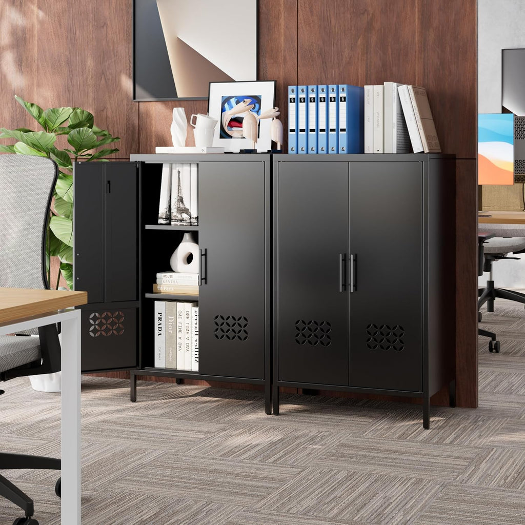 Metal Storage Cabinet with Adjustable Shelves,Metal Sideboard Cabinet with 2 Doors for Home,Office, 42" H x 26" W x 14" D,Assembly Required,Black