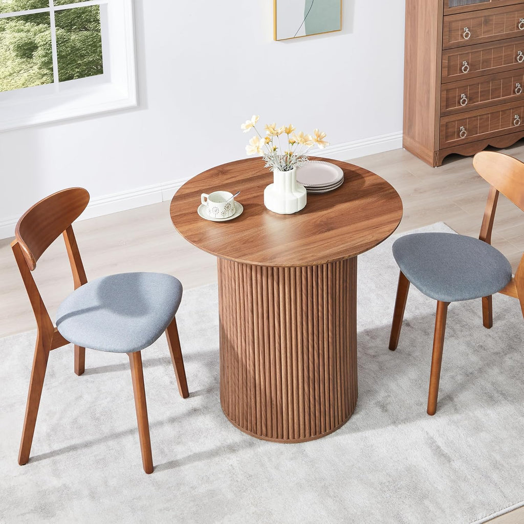 31.5" Small Round Dining Table for 2, Sturdy and Durable Wood Walnut Dining Table Round with Fluted Base, Simple Setup Small Kitchen Table for Living Dining Room Office (Walnut)