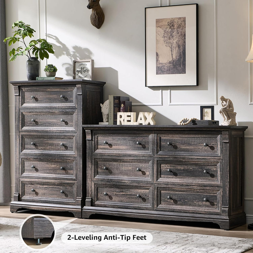 Farmhouse 6 Drawers Dresser for Bedroom, 54" Wide Large Dressers & Chests of Drawers w/Roman Column, Wooden Dresser TV Stand with Large Drawers for Nursery Bedroom Living Room Hallway,Dark Rustic Oak