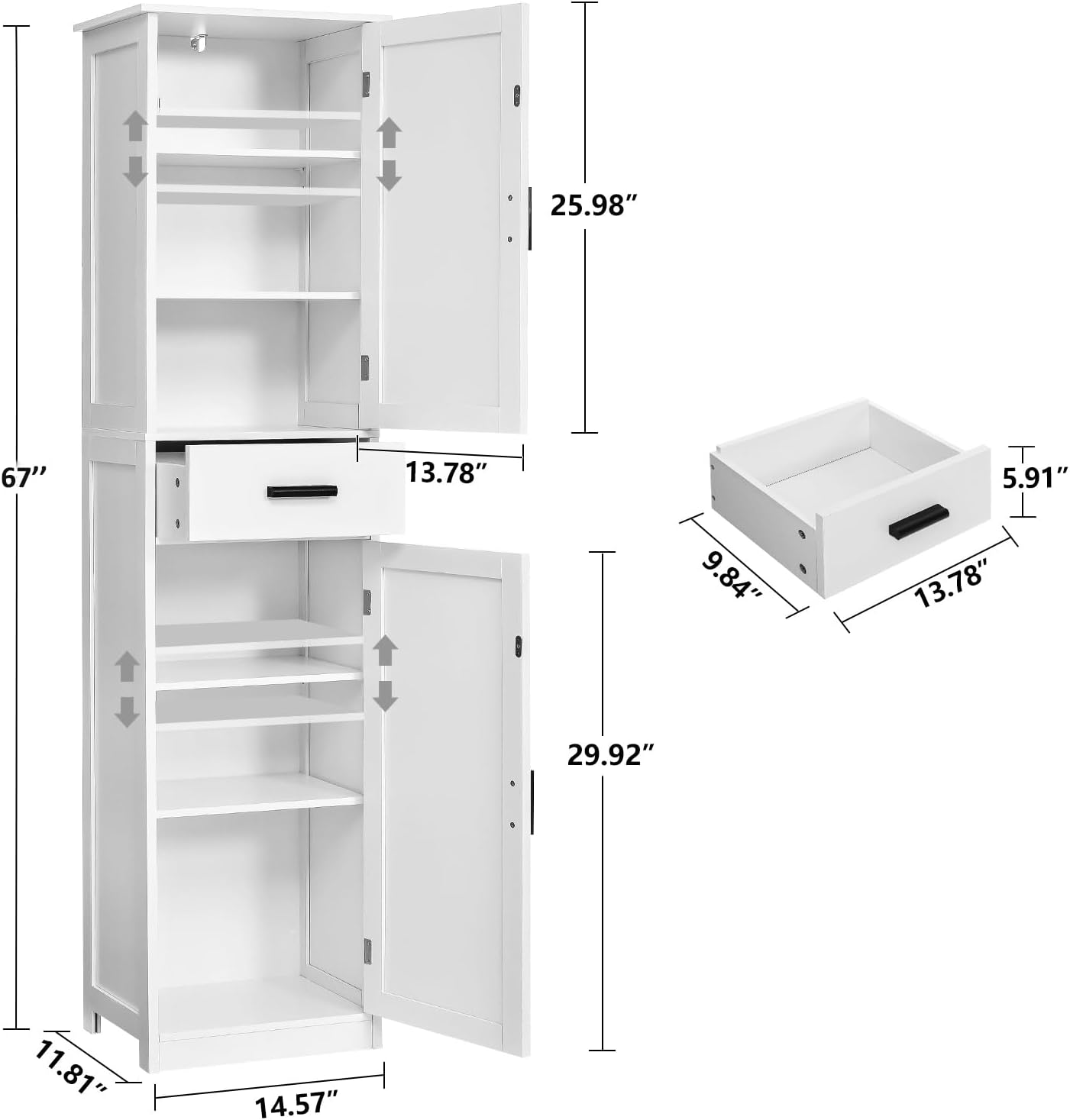 usikey 67'' Tall Bathroom Cabinet, Storage Cabinet with 4 Shelves & 2 Doors, Narrow Storage Cabinets for Bathroom, Living Room, Home Office, White