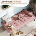 Shintenchi Futon Sofa Bed, Velvet Foldable Couch, Reclining Sleeper with Removable Armrests, Upholstered Loveseat Sofa Couch with Folding Cup Holders for Home, Office, Pink