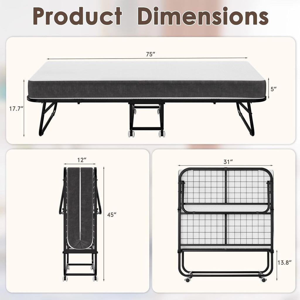75" x 31" Folding Bed with Mattress for Adults, Rollaway Bed with Mattress, Foldable Bed with 5" Memory Foam Mattress, Space-Saving Sturdy Metal Frame for Bedroom & Office