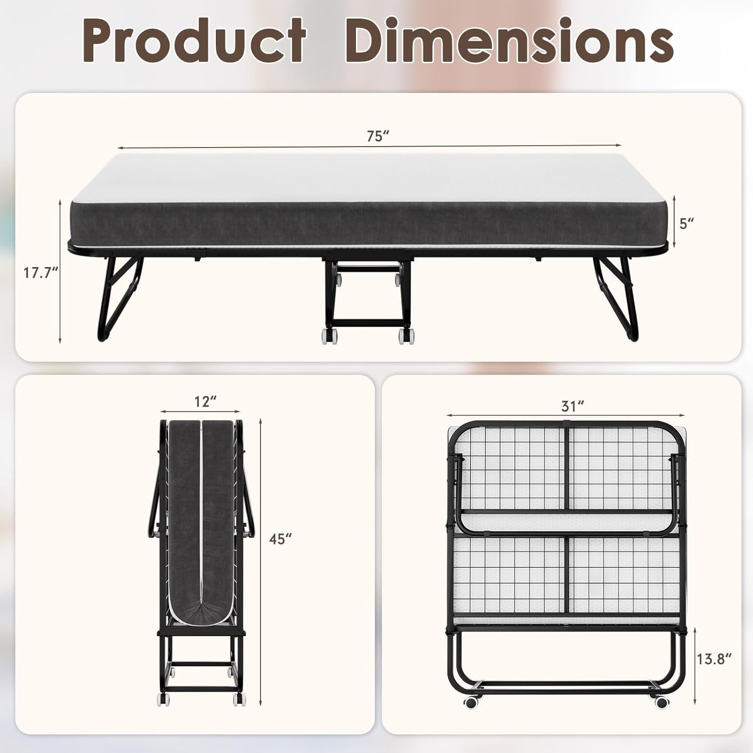 75" x 31" Folding Bed with Mattress for Adults, Rollaway Bed with Mattress, Foldable Bed with 5" Memory Foam Mattress, Space-Saving Sturdy Metal Frame for Bedroom & Office