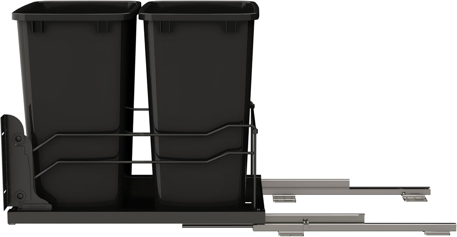 Rev-A-Shelf Steel Double Pullout Waste Container with Soft-Close, 35 Quart, Black - Sliding Garbage Bin System with Dual Trash Can for 18" Home Kitchen Base Cabinet, 53WC-1835SCDM-218