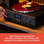 RadioShack Professional Turntable with Speakers  3-Speed Belt-Drive Vinyl Player  Bluetooth Input and Output  FM Radio  CD and USB Playback  Detachable Speakers  Anti-Skating System  Model 4001798