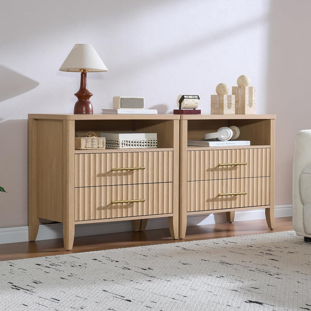 Fluted Nightstand with 2 Drawers, 27" Modern Nightstands Set of 2 with Storage, Large Queen Size Bed Side Table and End Table for Bedroom, Living Room, Office,(Natural Oak,2 Pieces)