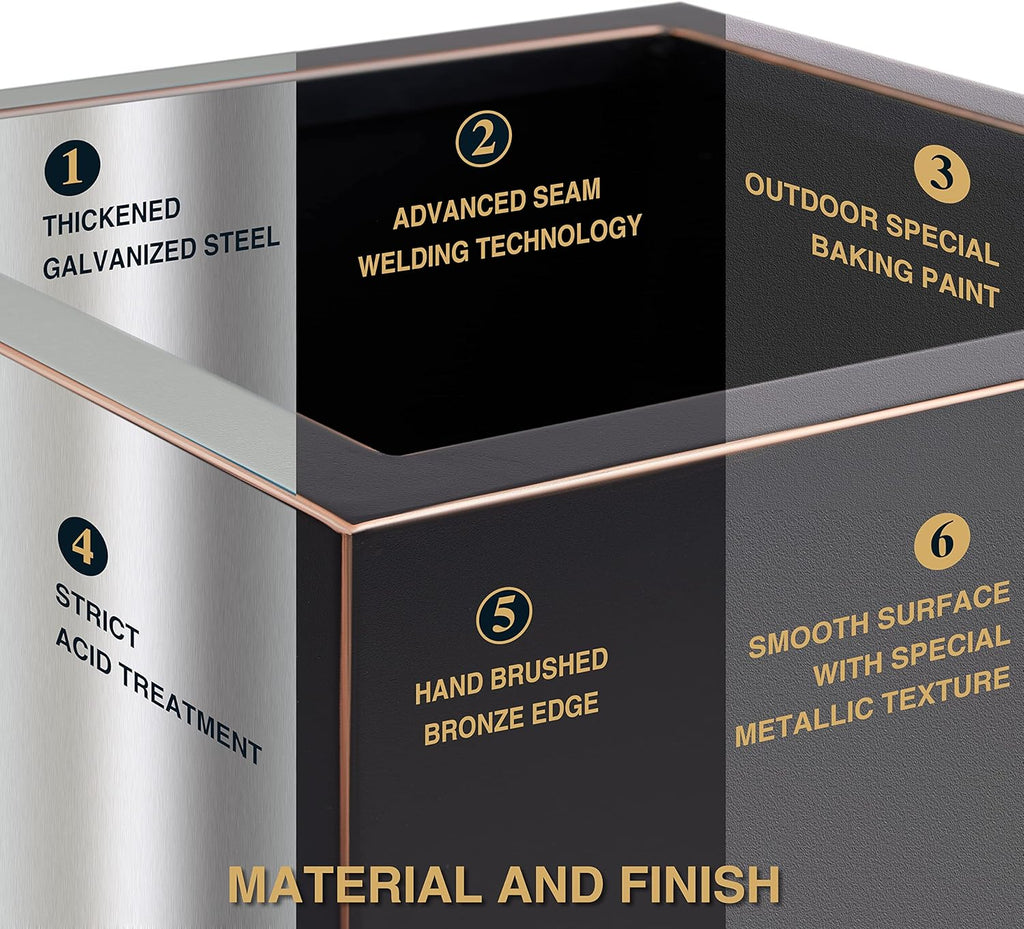 Wallowa Metallic Heavy Planter for Outdoor Plants  14Lx14Wx30H Inches  Tall Metal Planter Box with Hand Brushed Gold Edge for Outside & Indoor  25 Pounds  No Assembly and Seamless  Set of 2 (Black)
