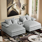 Oversized Chaise Lounge Chair Indoor with Cup Holders, Fast Charging USB, Storage & Adjustable Backrest, 114"Wx 59"D Comfy Corduroy Sleeper Loveseat Fluffy Reading Chairs for Living Room, Grey