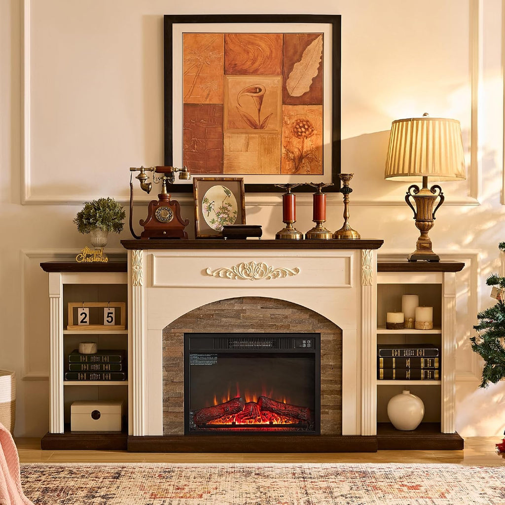 72" Electric Fireplace with Mantel, White TV Stand for TVs Up to 80 Inch, Farmhouse Entertainment Center with Storage for Bedroom,23'' Fireplace Insert Heater for Living Room