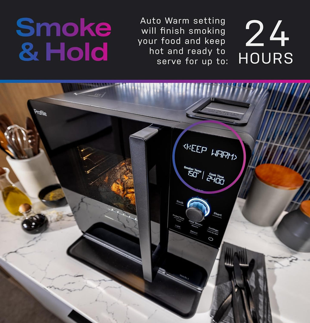 GE Profile™ Smart Indoor Pellet Smoker  with Active Smoke Filtration  5 Smoke Control Settings  WiFi Connected  Electric  Countertop BBQ Appliance  Black
