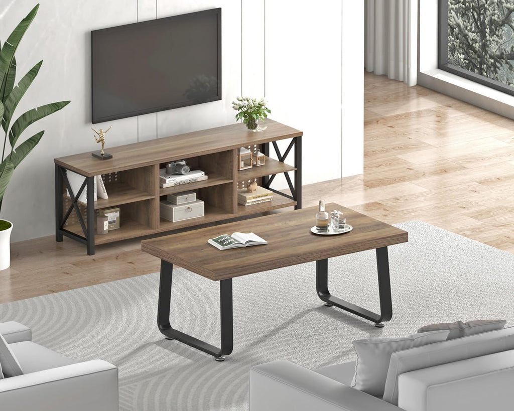 HSH Farmhouse Modern Simple Oak Center Table - Industrial Minimalist Rectangle Living Room Coffee Table, Wood and Metal, Rustic Oak, 39 in