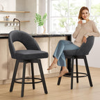 24” Counter Height Bar Stools Set of 2, Modern Swivel Bar Stools with Ergonomic Curved Back, Faux Leather Seat & Solid Wood Legs, Charcoal Grey