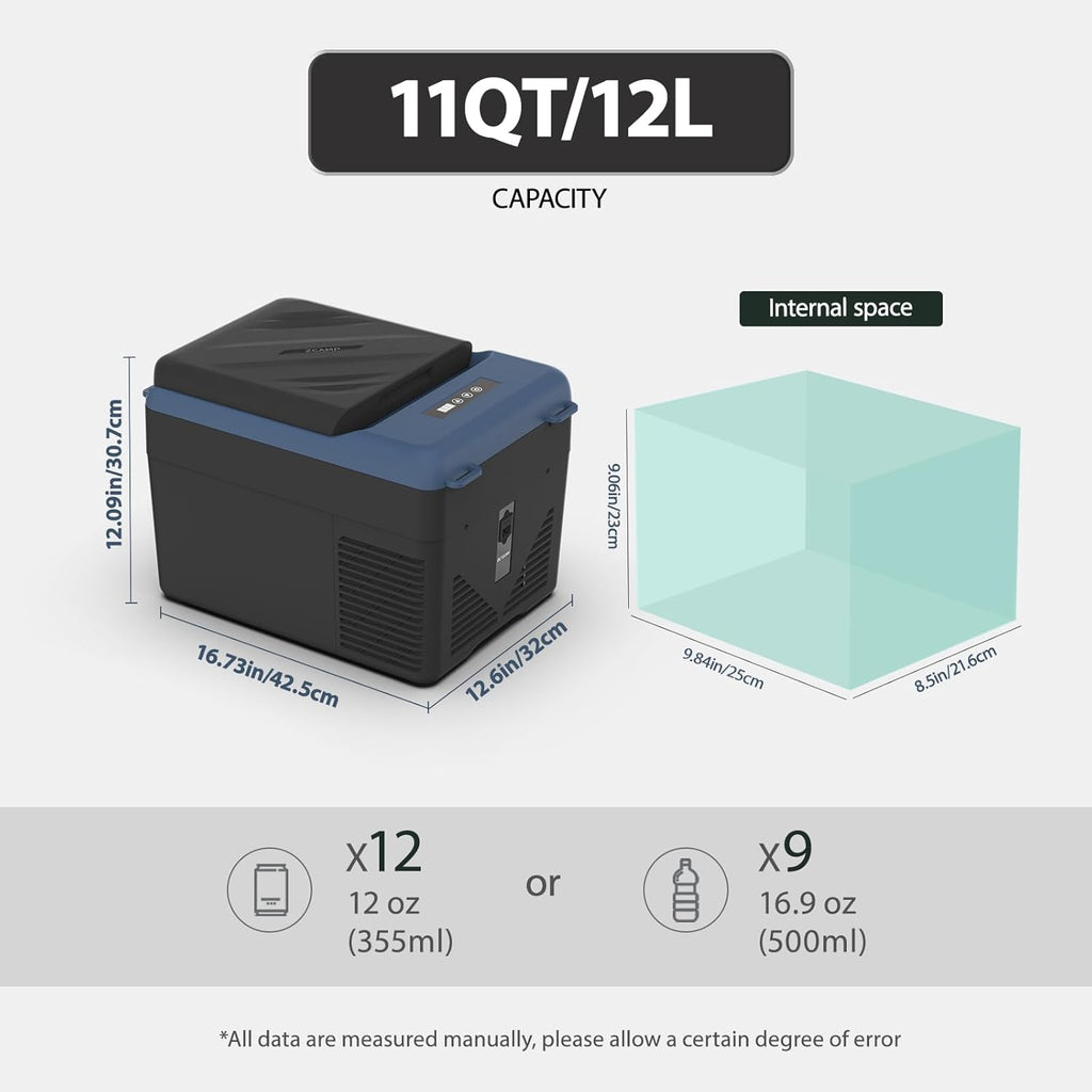 KI12 12 Volt Refrigerator,Portable Freezer,11 Quart(12L) Car Cooler,12V Car Fridge APP Control,12/24V DC 100-240V AC for Camping, Travel, Truck, RV, Boat -4℉~68℉