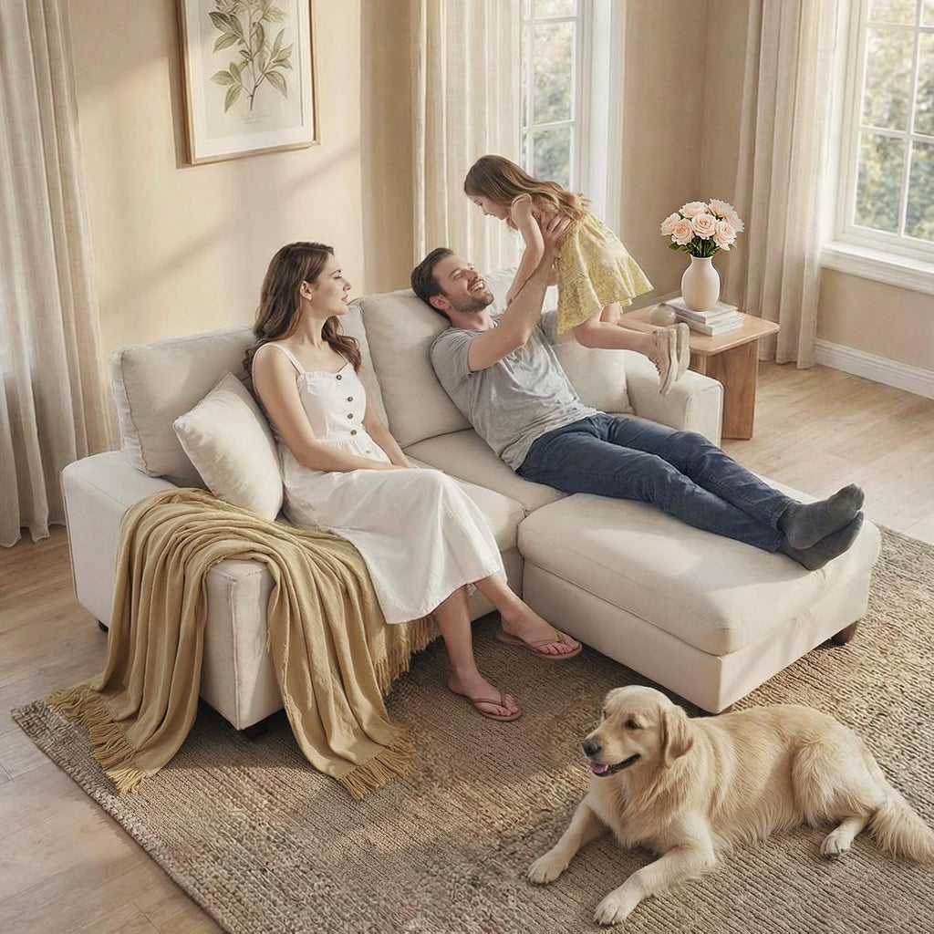 DOPEDIO L-Shaped Sectional Sofa with Storage Ottoman, Modern Chenille Recliner Loveseat, Removable Couch Covers, Pocket Spring Cushions, Solid Wood Frame, Easy to Install (71.25inch, Beige)