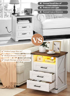 Turosur Night Stand with Charging Station 22" Large Farmhouse Nightstands with 3 Drawers and Open Storage Smart Bedside Table with Human Sensor LED Light End Tables for Bedroom White