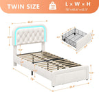 Twin Upholstered LED Bed Frame with Large Storage Drawer & Charging Station, Velvet Platform Bed with Stylish Rectangular Rounded Corner Headboard, Wooden Slats Support, No Box Spring Needed, Beige
