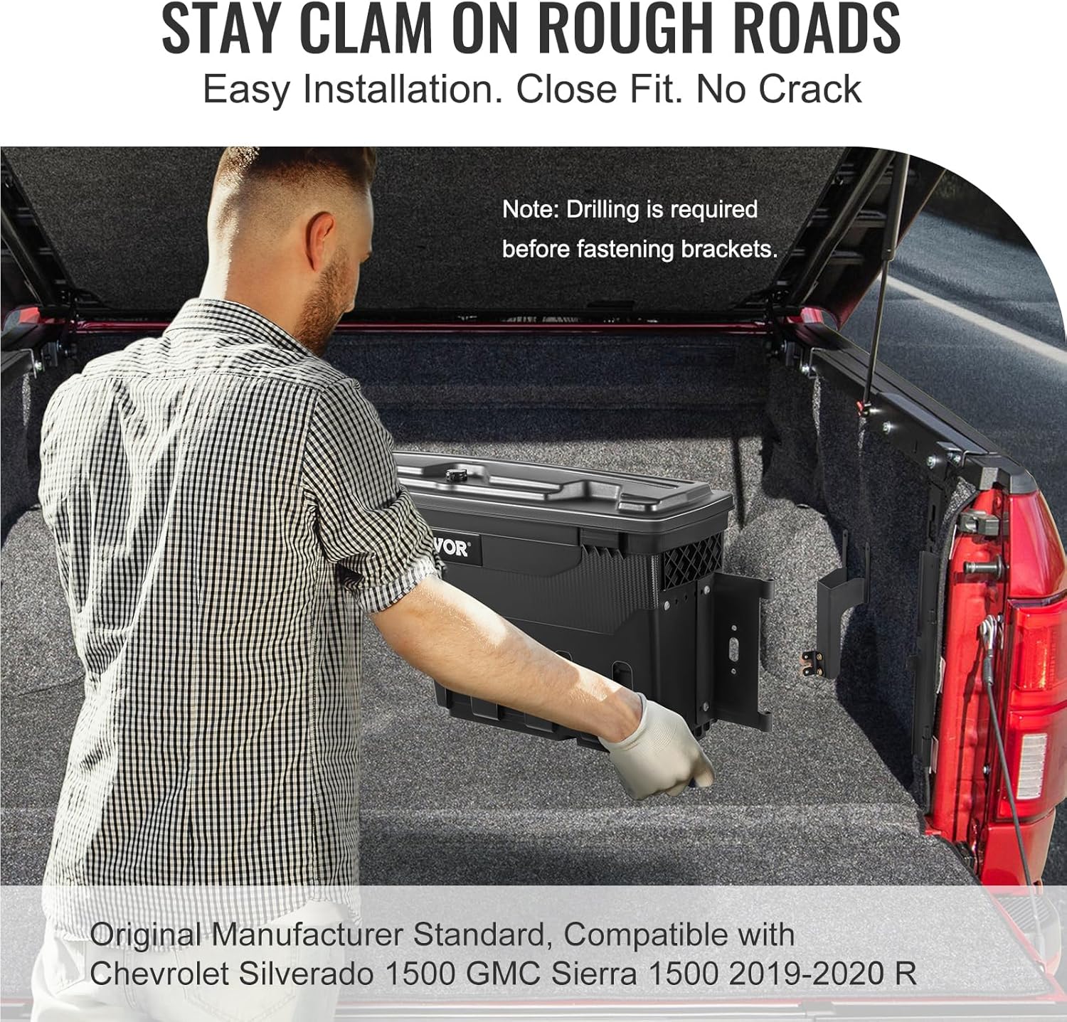 VEVOR Truck Bed Storage Box, Compatible with Chevrolet Silverado 1500 GMC Sierra 1500 2019-2020 R, Waterproof ABS Wheel Well Tool Box with Lockable Lid, 6.6 Gal/25 L Toolbox, Passenger Side, Black