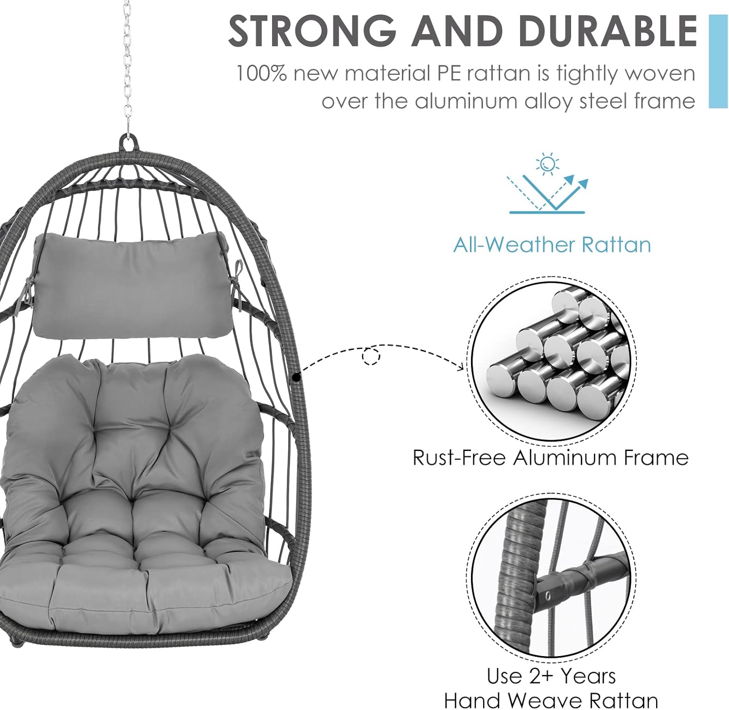 Brafab Wicker Rattan Hammock Egg Swing Chair with Hanging Chain, Aluminum Frame and UV Resistant Cushion, Indoor Outdoor Bedroom Patio Porch Foldable Camping Chair (Without Stand)