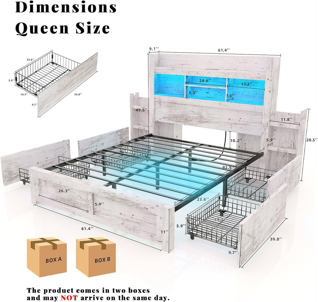 Queen Bed Frame with 49.6" Bookcase Headboard & 4 Drawers & 2 Detachable Bedside Stoage Racks, Farmhouse Wood Bed Frame with RGB LED & Charging Station, No Box Spring Needed, Distressed White
