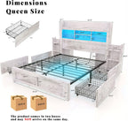 Queen Bed Frame with 49.6" Bookcase Headboard & 4 Drawers & 2 Detachable Bedside Stoage Racks, Farmhouse Wood Bed Frame with RGB LED & Charging Station, No Box Spring Needed, Distressed White