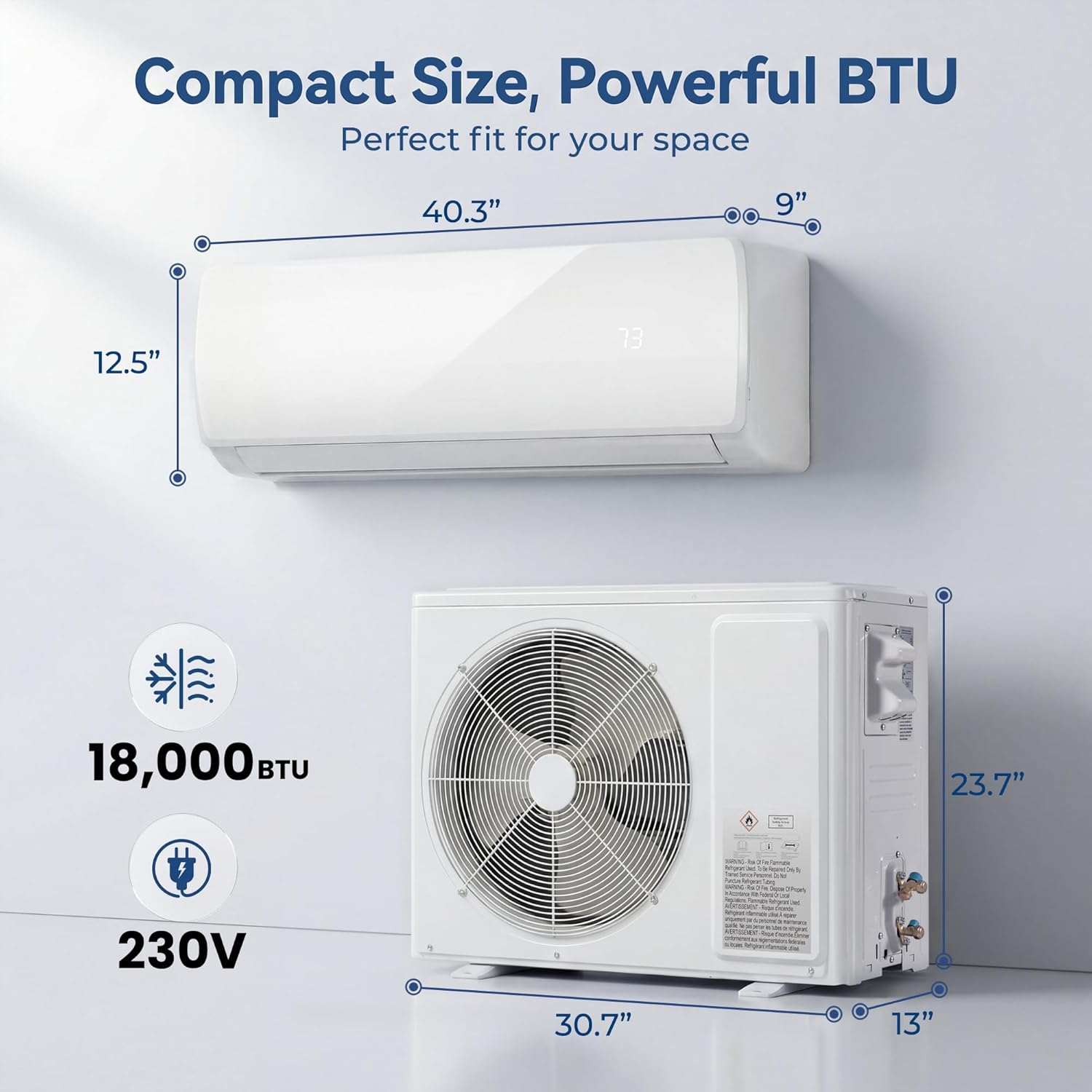 18000 BTU Mini Split AC/Heating System, 19 SEER2 230V Inverter Air Conditioner with 1 Ton Heat pump, Complete Installation Kit Included, Covers Up to 1250 Sq.Ft