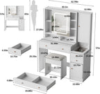 Vanity Desk with Mirror and Lights, Glass Top Vanity Table Makeup Vanity with Lights and Charging Station & Sliding Door, Glass Top Vanity with 3 Drawers and Jewelry Cabinet, 42.8inch