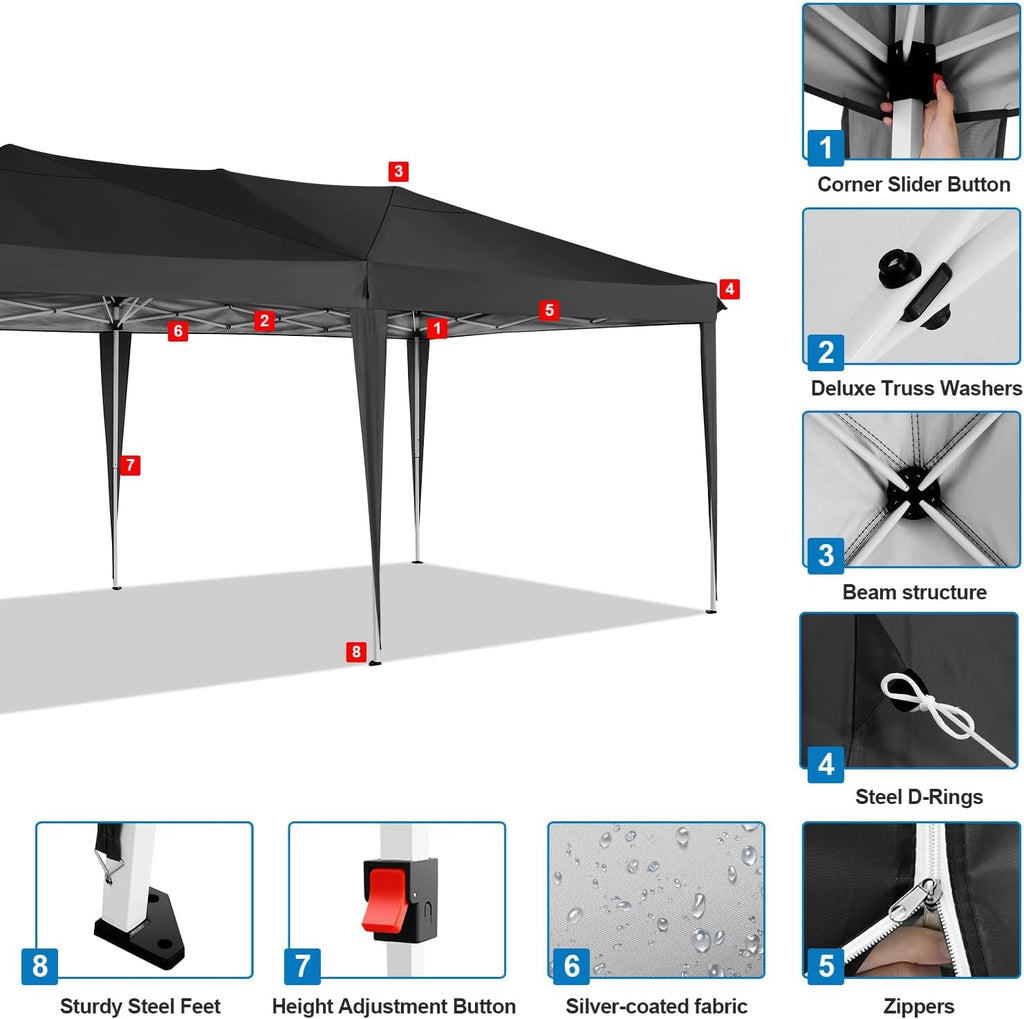 COBIZI Canopy 10x20 Pop Up Canopy Tent with 6 Sidewalls Outdoor Party Tent 10x20 Waterproof Commercial Instant Shelter UPF 50+ Portable Gazebo Wedding Tents for Parties Car Port Vender Events(Black