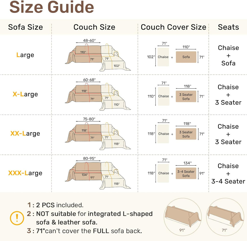 Sectional Couch Covers, 2 Pieces Washable L Shaped Couch Covers Sofa Blanket for Dogs Pet Friendly Sectional Sofa Slipcovers Furniture Covers,71"x 118"+ 71"x 118",(XX-Large,Cream White)