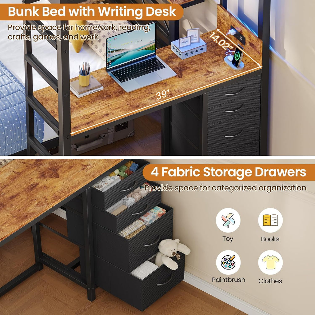 DICTAC Twin Over Full Bunk Bed with Desk,Led Lights and 4 Drawers,Metal Bunk Beds with Storage Headboard and Charging Station,L-Shaped bunk Bed for Kids/Teen with Safety Guardrail and Ladder,Black