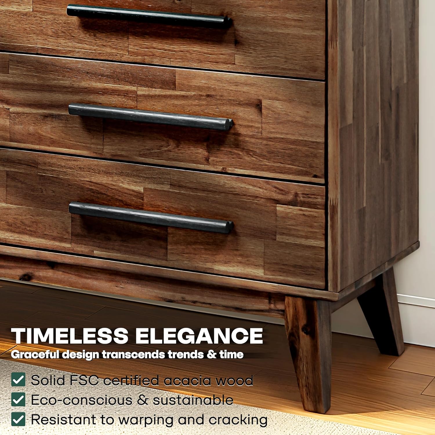 Acacia Legacy Dresser for Bedroom with 6 Drawers, Solid Wood Double Dresser for Bedroom, Living Room, Hallway, Walnut