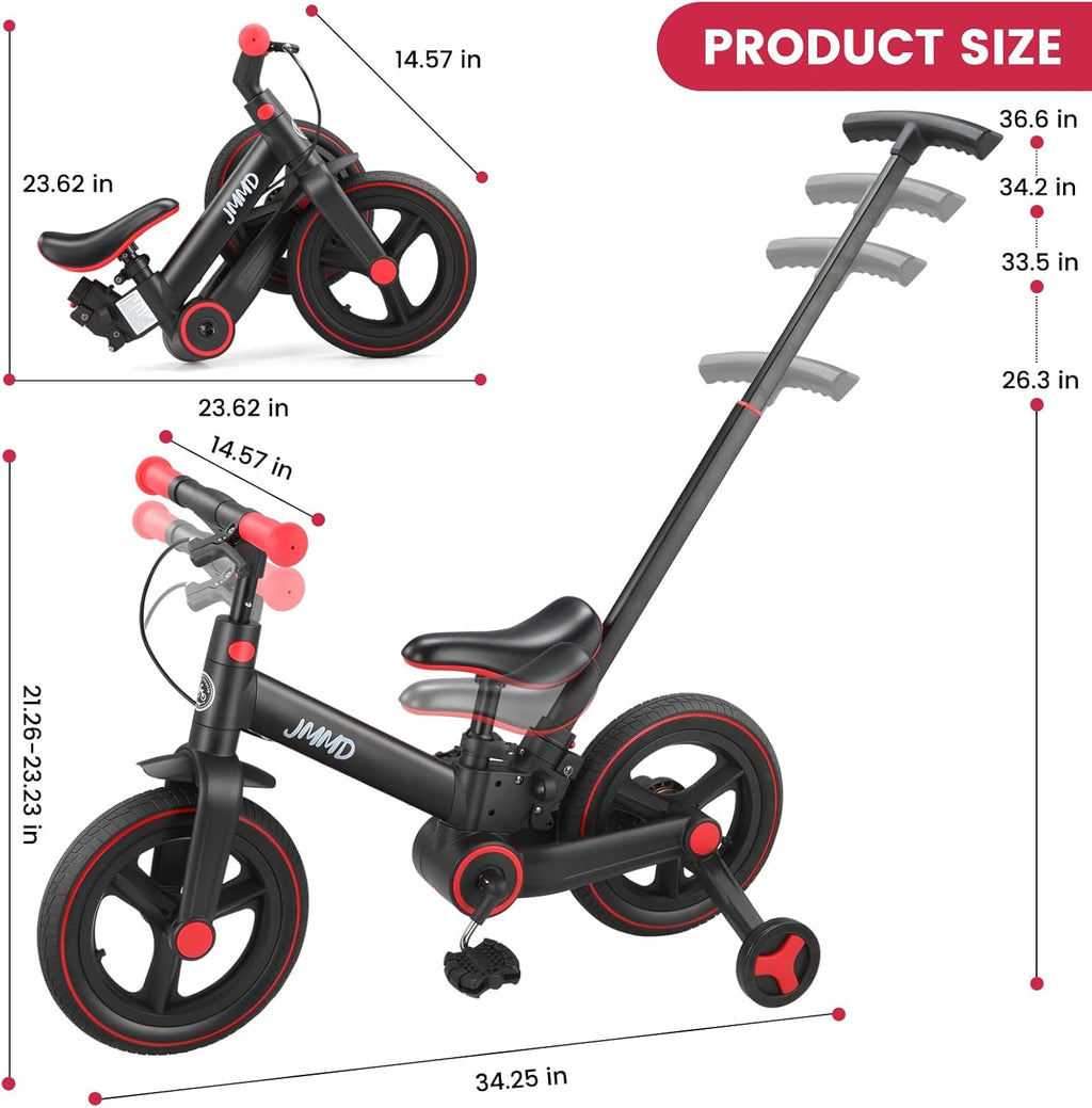 JMMD 6 in 1 Toddler Bike with Push Handle for Kids 18-60 Months, 12" Foldable Balance Bike with Training Wheels, Pedals, Brakes, Kickstand, Push Tricycle Toddler Gift & Toys for Boy & Girl