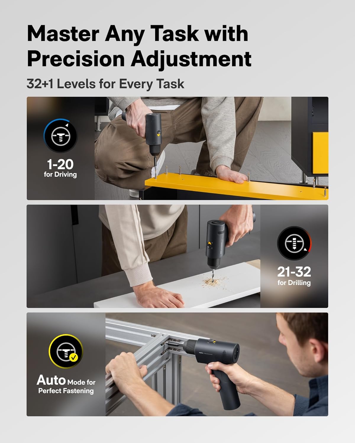 HOTO 16V Brushless Power Drill, 50 N·m High Torque with Smart Display, Auto Mode and LED Light, 10 Bits, 5 Drill Bits, 3/8” Keyless Chuck, Two Working Modes, Perfect for Home Repairs and Projects