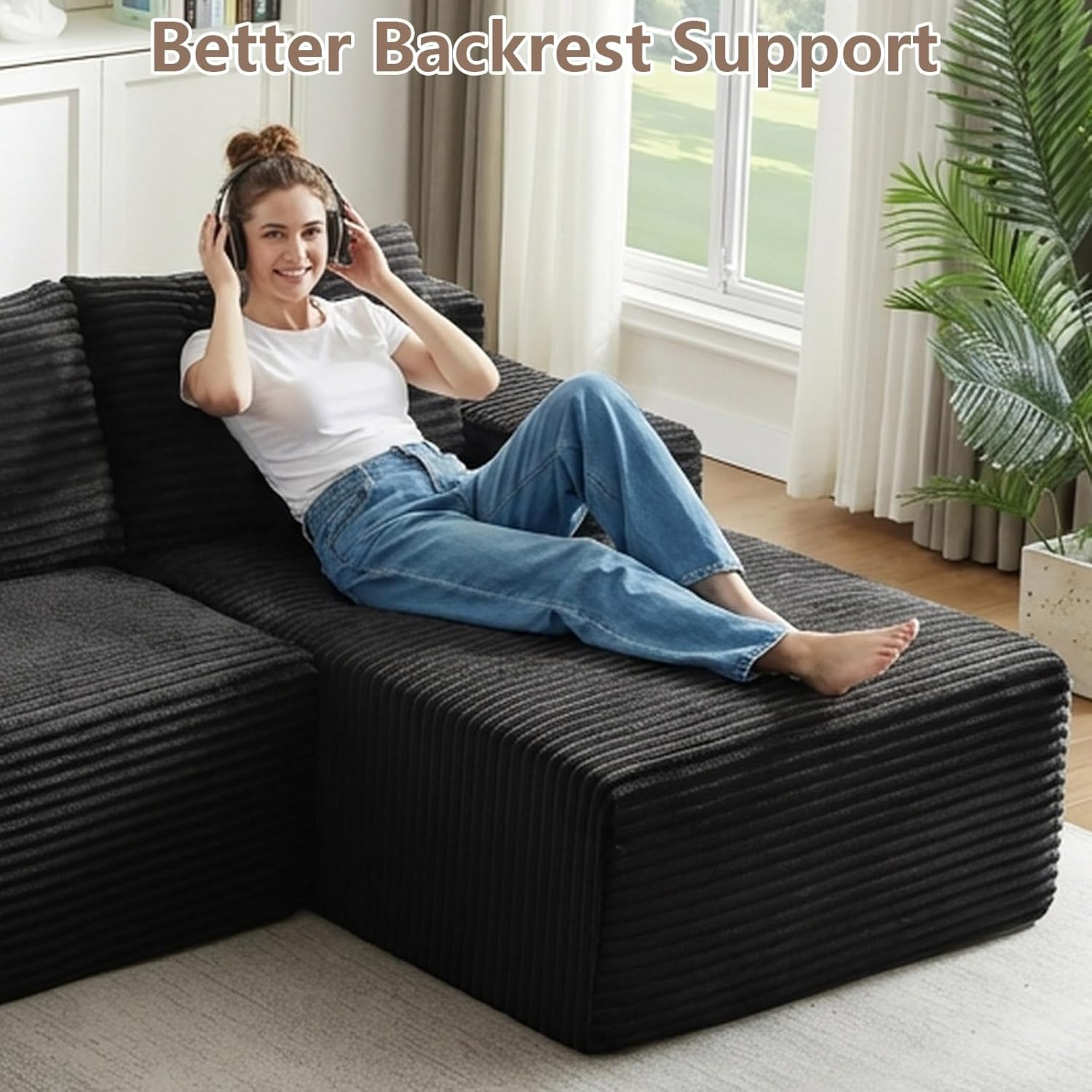 96" Cloud Sectional Couch with L-Shape Chaise, Modular Comfy Sofa Chaise Longue, Upholstered Corduroy Couches Sleeper with Deep Seat for Living Room Bedroom, No Assembly Required(Black, Right Facing)