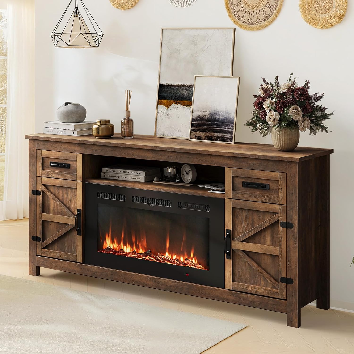 Fireplace TV Stand, 70" Farmhouse TV Stand with Barn Door for 80" TVs, Entertainment Center with Black Fireplace & Storage, Brown