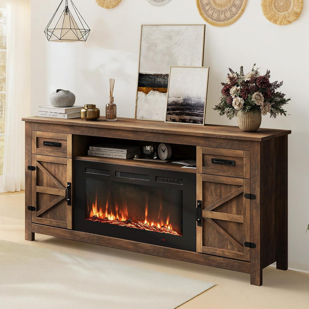 Fireplace TV Stand, 70" Farmhouse TV Stand with Barn Door for 80" TVs, Entertainment Center with Black Fireplace & Storage, Brown
