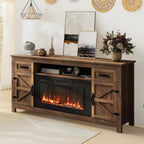 Fireplace TV Stand, 70" Farmhouse TV Stand with Barn Door for 80" TVs, Entertainment Center with Black Fireplace & Storage, Brown